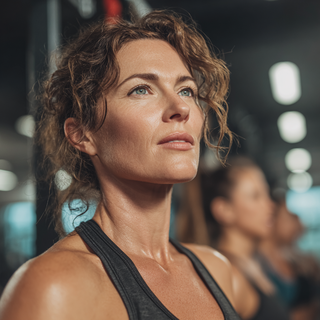 Confident middle-aged woman around 45 years old performing functional training movements in bright modern fitness studio