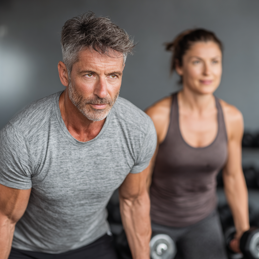 Energetic middle-aged man and woman in their 40s performing strength training exercises with dumbbells in modern gym setting