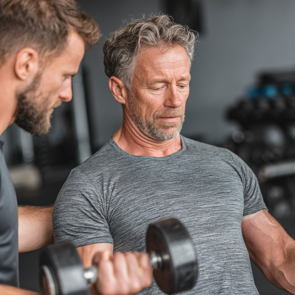 Professional fitness trainer working with focused middle-aged man around 50 years old doing personalized strength training with proper form